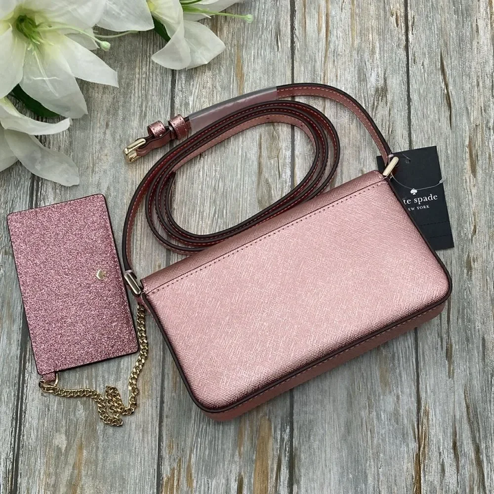 Kate Spade Glimmer Glitter Crossbody Duo Card Holder Bag Purse Mitten Pink
